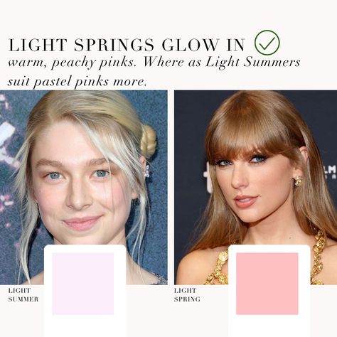 Showing the differences between the pinks that most suit Light Summer and Light Spring. Light Summers suit a pastel pink while Slight Springs suit warm peachy pinks. Makeup For Light Summer, Spring Vs Summer Color Analysis, Light Spring Vs Light Summer, Light Spring Makeup Look, Light Summer Makeup Palette, Summer Undertone, Light Spring Outfits, Summer Pallet, Season Analysis