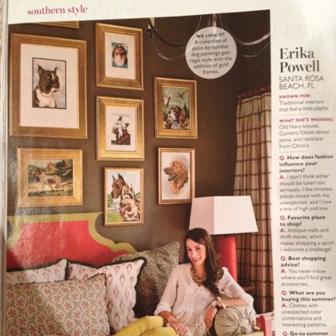 Erika Powell - Southern Living Erika Powell, Bathroom Downstairs, Dog Prints, 1940's Fashion, Beach Bungalow, Eclectic Living, Dog Artwork, Dog Rooms, Country Style Homes