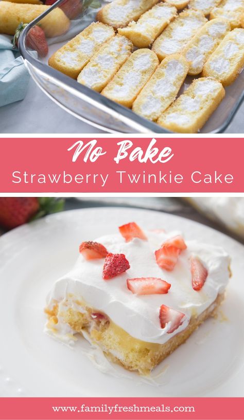 No Bake Strawberry Twinkie Cake recipe #familyfreshmeals #cake #nobake #strawberry #twinkie #twinkiecake #summerrecipe Twinkie Cake Recipe, Twinkie Desserts, Twinkie Cake, Bubble Bread, Cake Strawberry, Savory Cakes, Baked Strawberries, Special Desserts, Fun Recipes