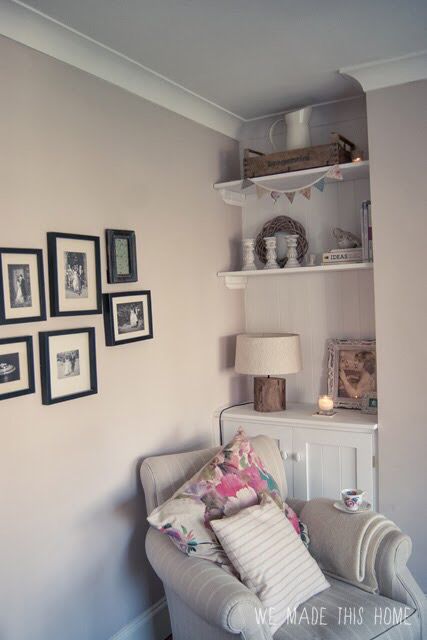 Dulux gentle fawn                                                                                                                                                                                 More Gentle Fawn Dulux Paint, Dulux Gentle Fawn, Shelves Alcove, Armchair Corner, Nook Makeover, Alcove Units, Hallway Colours, Dulux Paint, Gentle Fawn