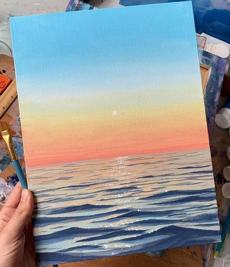 Big Canvas Painting Ideas Ocean, Aesthetic Painting Beach, Beach Paintings On Canvas Sunsets, Painting Ideas Ocean Sunset, Sunset Ocean Painting Easy, Seascape Paintings Easy, Water Sunset Painting, Things To Paint Beachy, How To Paint Seascapes