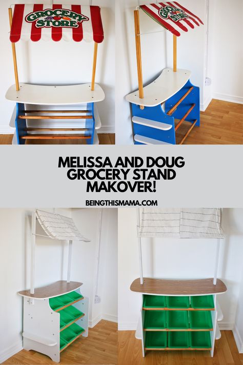 a fast and easy upcycle on the Melissa and Doug grocery & lemonade stand Melissa And Doug Makeover, Melissa And Doug Grocery Store Makeover, Upcycle Toys, Kids Lemonade Stands, Diy Lemonade Stand, Kids Lemonade, Easy Upcycle, Diy Lemonade, Lemonade Stands