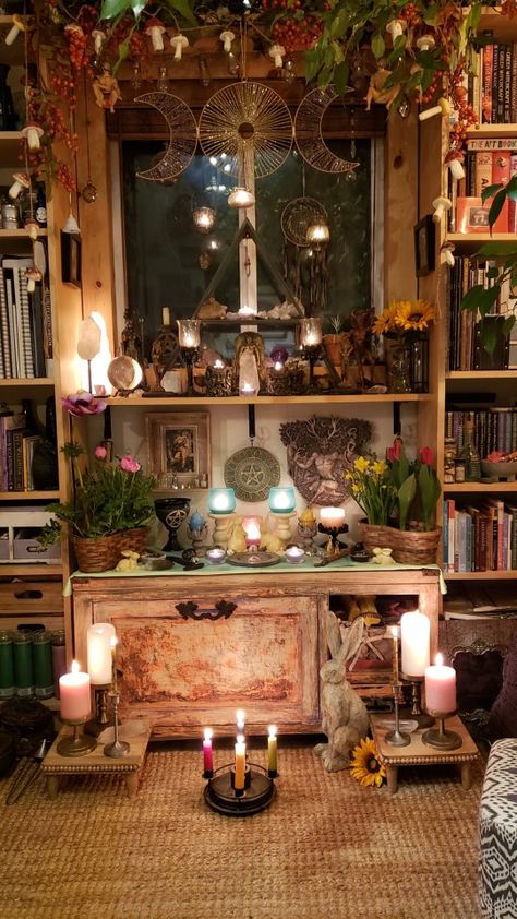 Psychic House Aesthetic, Earthy Witch Bedroom, Spiritual Themed Bedroom, Witchy Apartment Bedroom, Whimsical Goth Room Aesthetic, Maximalist Earthy Decor, Witchy Walk In Closet, Goblincore Home Aesthetic, Wiccan Living Room