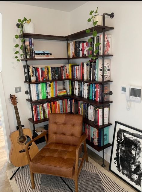 Corner Shelving, Corner Shelving Unit, Earthy Bedroom, Gas Pipe, Indie Room, Home Decor Living Room, Corner Unit, Dream Apartment, Room Makeover Inspiration