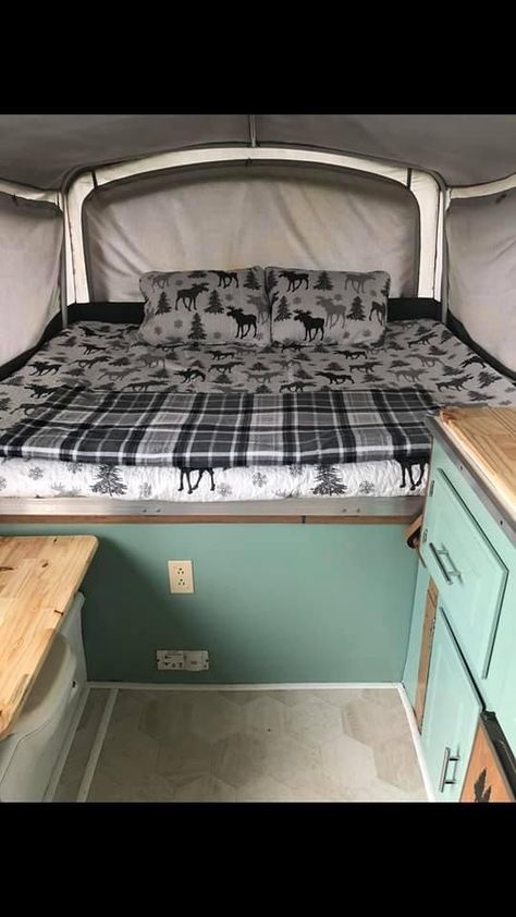 Diy Tent Trailer, Pop Up Camper Remodel, Popup Camper Remodel, Green Cabinet, Trailer Makeover, Pop Up Campers, Diy Tent, Tent Trailer, Popup Camper