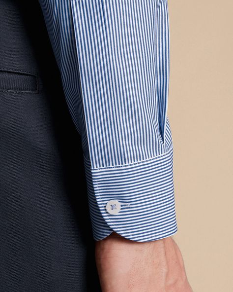 Button-Down Collar Non-Iron Stripe Shirt - Cobalt Blue | Charles Tyrwhitt Tailoring Details, Smart Jackets, Collarless Shirt, Italian Suit, Business Casual Shirts, Iron Shirt, Polo Long Sleeve, Charles Tyrwhitt, Wardrobe Classic