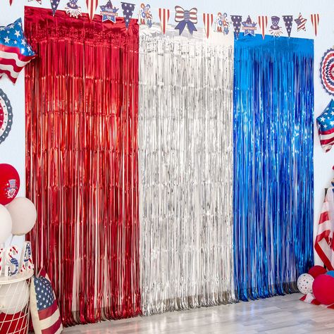 PRICES MAY VARY. ★【 PACKAGE INCLUDES 】: The patriotic theme foil fringe curtain is made of tinsel with shiny surface, lightweight and durable metallic fringe curtains. High quality fringe curtains, high toughness, unbreakable, can be used for a long time. ★【 EASY TO APPLY 】: Tear off the back of double-sided adhesive tape, then paste the fringe curtain on the top of the decorative place. ★【 PACKAGE 】: 3 pack foil fringe curtains. Size (width x drop):3.3 x 6.6 ft each, wonderful patriotic party d Patriotic Photo Backdrop, Patriotic Birthday Party, 4th Of July Decorations Outdoor, America Themed Party, Labor Day Decorations, American Themed Party, Baseball Party Decorations, Patriotic Decorations Party, Fringe Curtains