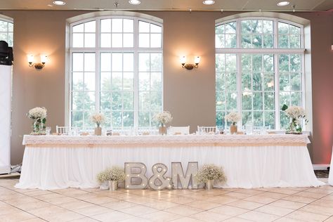 Rustic wedding head table.  Galvanized marquee letters Intimate Rustic Wedding, Wedding Photos Romantic, Head Table Wedding Decorations, Lakefront Wedding, Wedding Head Table, Head Table Wedding, Banquet Wedding, Romantic Sunset, Soft Pink Color