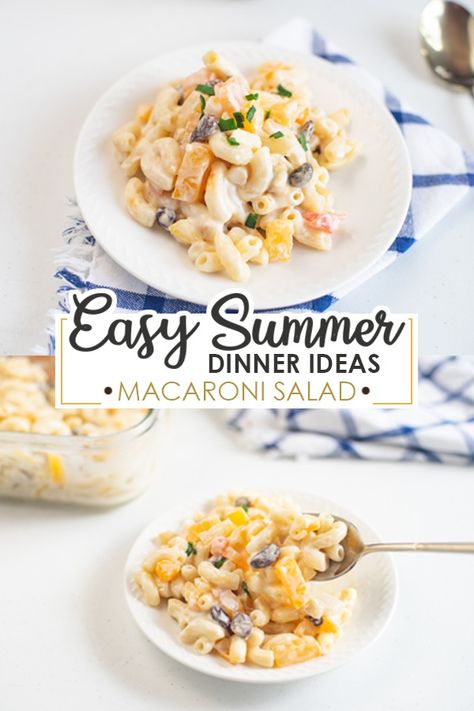 This easy Filipino Macaroni Salad recipe is a must for parties, fiestas, or any occasion! It's full of the delicious flavors of the sweetened fruit mix, raisins, condensed milk, cheese, and mayonnaise combined in one delicious pasta dish. It's a great dish for summer dinner or dessert! Filipino Macaroni Salad Recipe, Filipino Macaroni Salad, Simple Macaroni Salad, Favorite Christmas Desserts, Easy Macaroni Salad, Macaroni Salad Recipe, Filling Snacks, Vegan Mayonnaise, Delicious Pasta