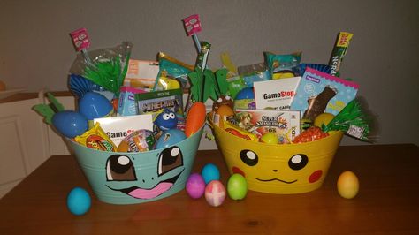 Pokémon Easter Baskets Pokemon Gift Basket Ideas, Pokemon Basket Ideas, Pokemon Easter Basket Ideas, Pokemon Gift Basket, Pokemon Easter Basket, Easter Basket Hunt, Pokemon Valentines, Pokémon Crafts, Valentines Gift Basket