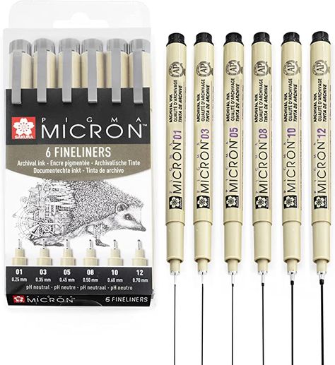 Okay, I swear by these pens, I use them when creating watercolour illustrations, the ink is smooth and water resistant and smudge resistant, I find these work best on a smoother paper compared to the textured cold press papers. This pack contains 6 nib sizes - 01/03/05/08/10/12 Follow the link to get yours! #pens #art #artist #drawing #micron #sakurapigmamicron #amaon #sale #shopping #stationary Sakura Pigma Micron, Micron Pen, Art Pens And Markers, Fineliner Pens, Black Sharpie, Blister Pack, Art Pens, Marking Tools, Pen Tool