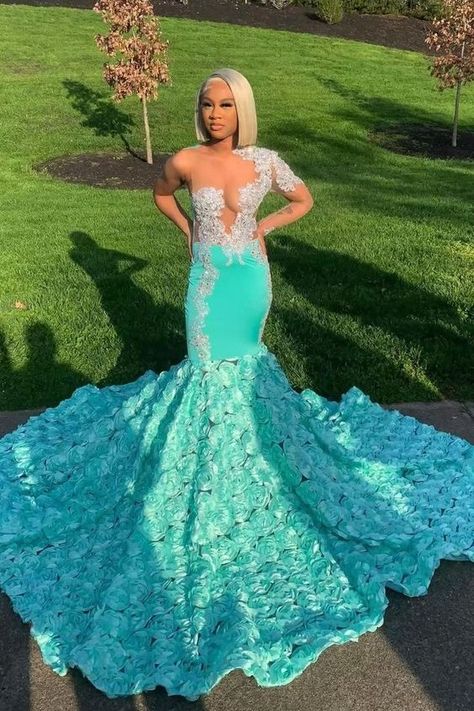 Turquoise And Silver Prom Dress, Prom Dresses On Dark Skin, Custom Prom Dress Ideas, Cyan Prom Dresses, Blue Prom Dress Black Women, Prom Color Ideas, Tiffany Blue Prom Dress, Bling Prom Dresses, Teal Prom Dresses