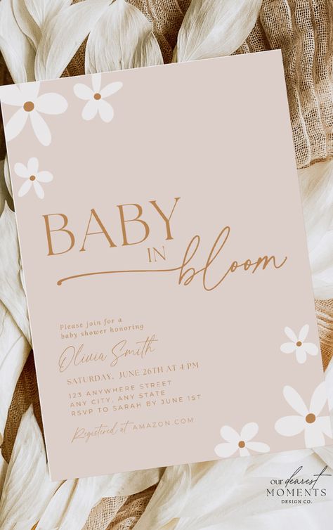 The perfect digital invitation template for your 'baby in bloom' boho daisy themed baby shower! Effortlessly customize and share the joy online with this chic design. A perfect base for your fairy first decor to set the tone for a beautiful event! Perfect for hassle-free party planning. Make the day memorable and share the excitement with friends and family. Instant Download with the option of sending via text or printing. Visit 'Our Dearest Moments' to shop the collection and buy now! Baby Girl Shower Themes March, March Baby Shower Themes Girl, Baby Shower Girl Flower Theme, Baby In Bloom Girl Shower Ideas, Baby In Bloom Shower Invitation, March Baby Shower Themes, Baby Girl Baby Shower Themes, Baby In Bloom Baby Shower Theme, Baby In Bloom Shower Ideas