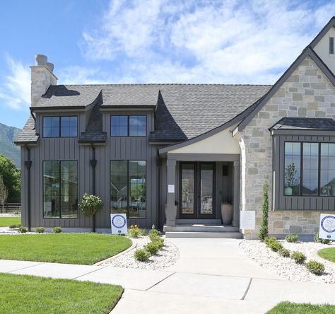 White And Stone House Exterior Farmhouse, Utah Valley Parade Of Homes 2022, Utah Parade Of Homes 2023, Modern European Farmhouse Exterior, Modern Stone Exterior, Parade Of Homes 2023, European Home Exterior, Utah Parade Of Homes, Modern European Farmhouse