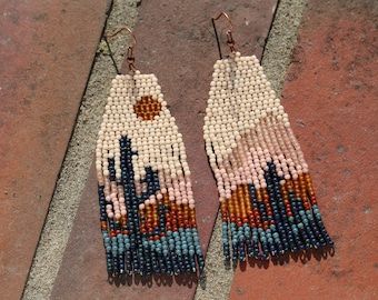 Handwoven beaded earrings | Etsy CA Beaded Hoop Earrings Native American, Landscape Earrings, Cactus Landscape, Seed Bead Jewelry Patterns, Earrings Native American, Brick Stitch Earrings, Beaded Earrings Patterns, Beaded Jewelry Patterns, Beaded Hoop Earrings