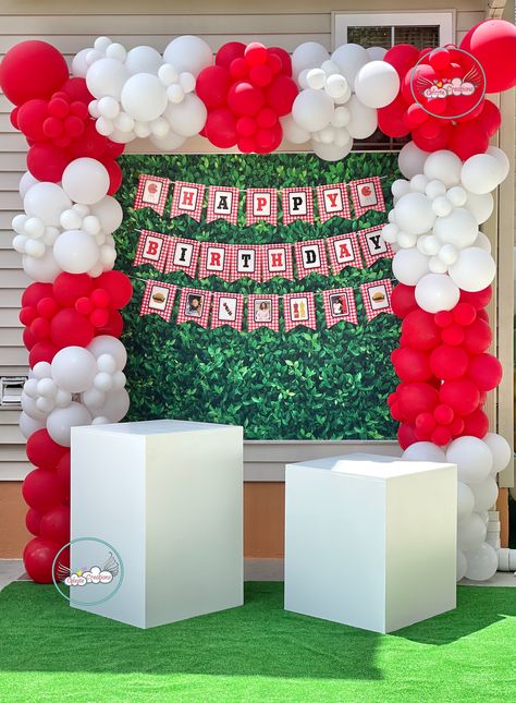 Picnic Balloon Arch, Bbq Balloon Arch, Picnic Theme Backdrop, I Do Bbq Balloon Arch, Bbq Party Decorations Picnic Theme, Gingham Party Decor Picnic Theme, Football Theme Birthday, Bbq Theme, Pto Ideas