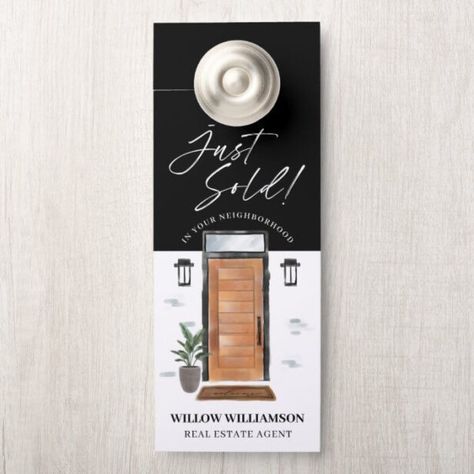 Just Sold Real Estate, Black Light Fixtures, Watercolor Door, Wood Watercolor, Front Door Door, Sold Real Estate, Real Estate Agent Marketing, Script Text, Black Light Fixture