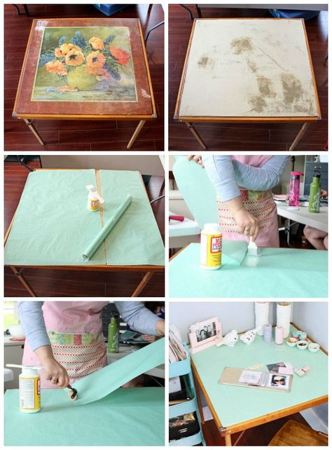 How to give an old table a quick makeover with Mod Podge and wrapping paper! Dining Table Upcycle Ideas, Card Table Redo, Old Table Makeover, Dining Table Upcycle, Card Table Makeover, Wood Makeover, End Table Makeover, Glamping Ideas, Old Table