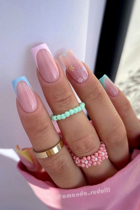 multicolor French tip nails pastel Trending Summer Nails, Pastel Nails Designs, November Nails, Spring Acrylic Nails, Thanksgiving Nails, Easter Nails, Pastel Nails, Luxury Nails, Pretty Acrylic Nails