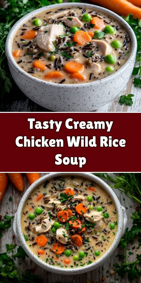 Warm up with this comforting and creamy chicken wild rice soup that’s bursting with flavor! Loaded with tender chicken, wild rice, and vibrant veggies, it’s perfect for cozy nights. This recipe is not only delicious but also easy to make. One spoonful, and I guarantee you'll be craving more! Pioneer Woman Recipes Chicken, Homemade Banana Pudding Recipe, Wild Rice Soup Recipes, Chicken Wild Rice, Grilled Halibut, Cheese Burger Soup Recipes, Chicken Wild Rice Soup, Rice Soup Recipes, Tuna Salad Recipe