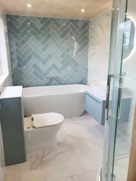 Marbled Tiled Bathrooms, Bathroom Ideas With Marble Tile, Bathroom Interior Blue Tiles, Pale Blue Bathroom Tiles, Bathroom Colour Tiles, Bath Feature Wall Tile, L Bathroom Ideas, Aqua And White Bathroom, Bathroom Marble Floor Tile