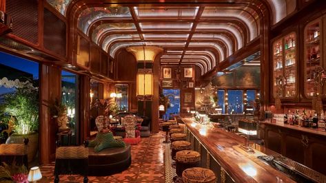 Peek Inside the World’s Hottest Private Clubs - Galerie Copper Ceilings, Penthouse Bar, Basement Hallway, Rooftop Dining, Column Lighting, Hong Kong Hotels, Club Lighting, Members Club, Bar Design Awards