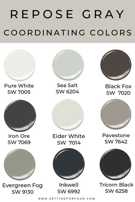 SW Repose Gray Coordinating Colors - color scheme for the whole house #reposegray #color #scheme #coordinating #paint #sherwinwilliams #house Sw Repose Gray, Repose Gray, Agreeable Gray, House Color Palettes, Pintura Exterior, Paint Color Schemes, House Color Schemes, Grey Color Scheme, Interior Paint Colors