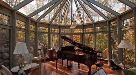 Woodland Retreat Aluminum Conservatory Piano Sunroom, Piano Home, Grand Piano Room, Piano Living Rooms, Woodland Retreat, Screening Room, Music House, Soundproof Room, Piano Room