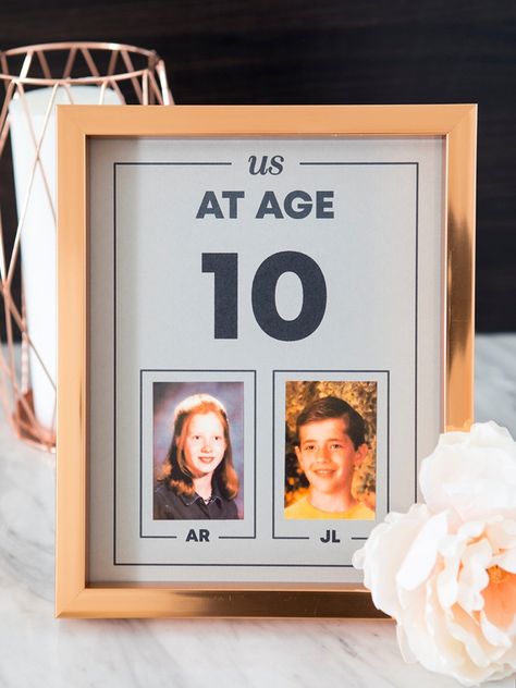 These DIY "Us At Age" Photo Table Numbers Are The Absolute BEST! Photo Table Numbers, Christmas Wedding Themes, Wedding Planner Checklist, Diy Table Numbers, Photo Table, Age Photos, Future Wedding Plans, Cute Wedding Ideas, Wedding Table Numbers