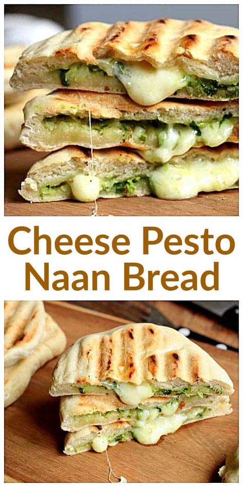 Easy recipe for Cheese and Pesto Naan Bread, made with yogurt but no yeast, filled with melting mozzarella, green onion pesto and grilled on a skillet. #naan #bread #grilling #recipe #flatbread Bread Made With Yogurt, Naan Bread Pizza, Olive Oil Crackers, Bread Toppings, Recipes With Naan Bread, Naan Pizza, Naan Recipe, Naan Bread, Green Onion