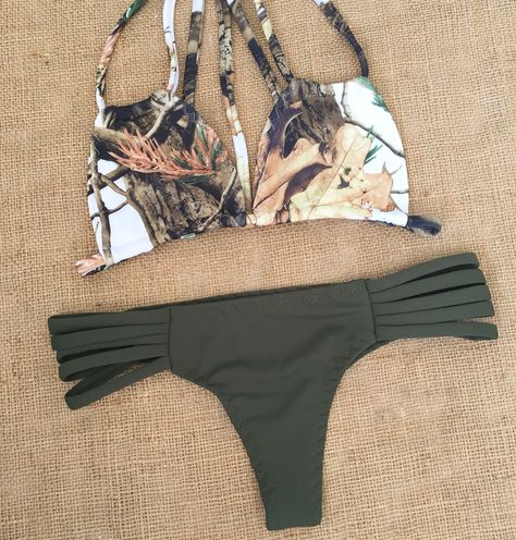 Realtree camouflage camo olive green bikini swimsuit handmade email nanibikini@gmail.com to order Cute Western Bikinis, Cute Country Bathing Suits, Western Swimsuits Bikinis, Country Bathing Suits, Country Bikinis, Western Bathing Suits, Western Bikinis, Cowgirl Swimsuit, Country Swimsuit