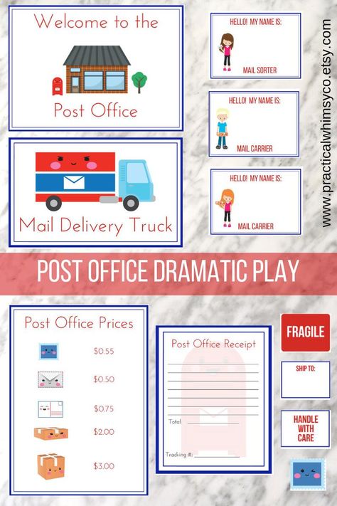 Pretend post office instant download mailman preschool | Etsy Pretend Play Post Office Free Printables, Post Office Activities, Preschool Homeschool Curriculum, Post Office Dramatic Play, Community Helpers Preschool Activities, Office Dramatic Play, Dramatic Play Themes, Dramatic Play Printables, Community Helpers Preschool