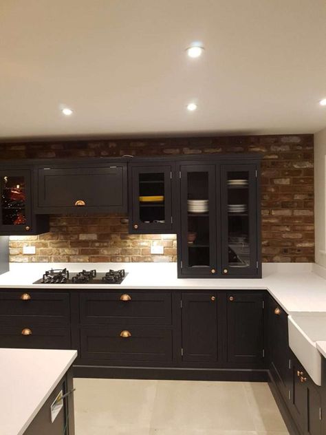 Brick Tiles Kitchen, Manor Kitchen, Brick Wall Kitchen, Brick Slips, Shaker Kitchens, Galley Kitchen Design, Open Plan Kitchen Diner, Brick Cladding, Brick Kitchen