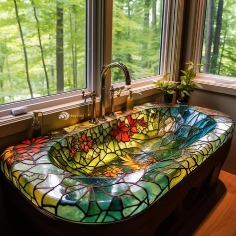 Stained Glass Bedroom Aesthetic, Stained Glass Tub, Stained Glass Lake House Ideas, Stained Glass Sink Bowl, Glass Sink Bowl Dragonfly, Glass Bathroom Sink, Architecture Bathroom, Terraria, Glass Sink