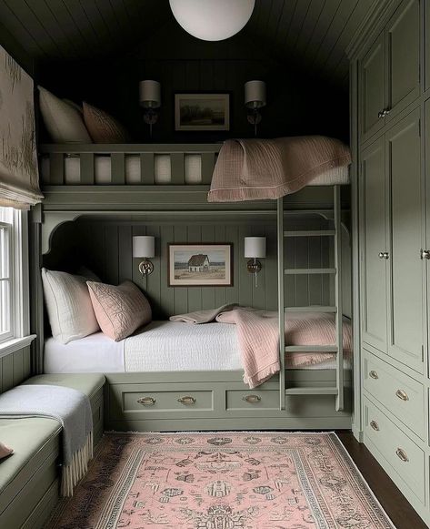 Antique Bunk Beds, Bunk Bed Inspo Aesthetic, Bunk Beds In Closet, Built In Beds For Adults, Bed Library, Princess Bunk Beds, Bunk Bedroom, Alcove Bed, Old Money House