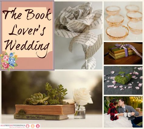 The couple that reads together stays together! If you want to have a literary-themed wedding, check out the DIY book decorations and other book-inspired crafts in the Book Lover's Wedding Theme guide. Creative Table Numbers Wedding Diy, Books In Wedding Decor, Wedding Decor With Books, Poetry Themed Wedding, Book Theme Wedding Decorations, Book Themed Wedding Decorations, Book Themed Crafts, Literature Wedding, Book Lovers Wedding