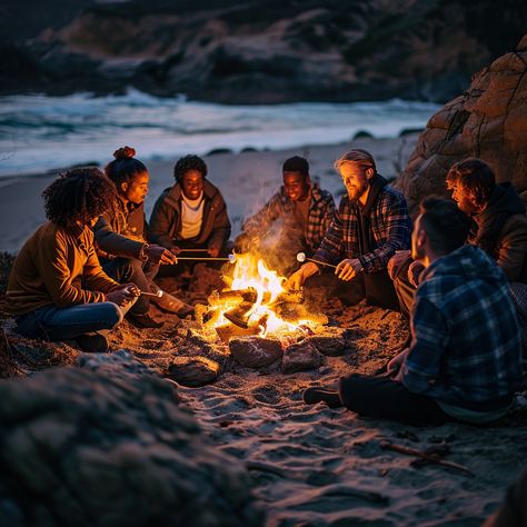 Cozy Beach Bonfire: Friends gather around a warm bonfire on a sandy beach during a serene evening twilight. #beach #bonfire #friends #gathering #twilight #warmth #cozy #evening #aiart #aiphoto #stockcake https://ayr.app/l/Esxa Friends Bonfire, Bonfire Friends, Twilight Beach, Bonfire Beach, Friends On The Beach, Beach Fire, Roses Book, Beach Bonfire, Cozy Evening