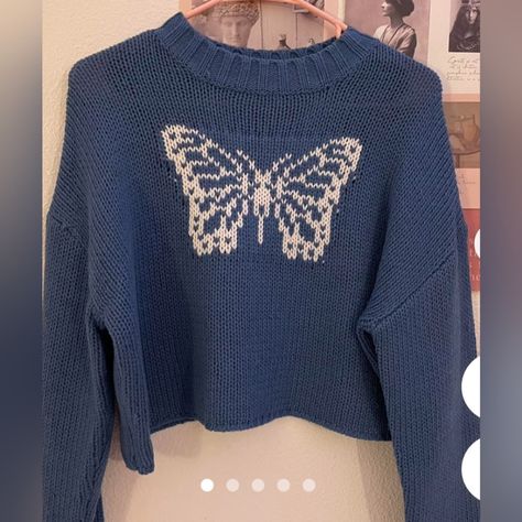 Bnwt!!!! Rue 21 Women's Plus Size Blue With White Butterfly Crewneck Pullover Crop Sweater. There Are (2) Available In A (1x). Butterfly Crewneck, Butterfly Sweater, Crop Sweater, Pretty Clothes, White Butterfly, Rue 21, Rue21, Cropped Sweater, Pretty Outfits