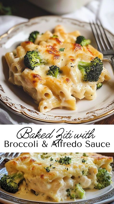 Satisfy your cravings with this baked ziti loaded with creamy Alfredo sauce and fresh broccoli. Perfectly baked to golden perfection, this hearty casserole is layered with gooey cheese and rich flavors. Whether you’re cooking for your family or hosting friends, this dish is sure to be a crowd favorite! Easy Alfredo Baked Pasta, White Sauce Baked Ziti, Baked Ziti With White Sauce, Ziti Alfredo, Broccoli Alfredo Sauce, Broccoli Pasta Casserole, Baked Zitti, Alfredo Baked Ziti, Alfredo With Broccoli