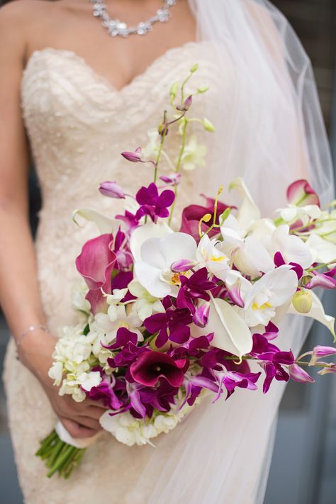 Purple and White Orchid and Calla Lilly Bouquet Purple And White Lily Bouquet, Cattleya Orchid Bouquet, Calla Lily And Orchid Bouquet, Rose And Orchid Bouquet, Lilly Bouquet Wedding, Purple Orchid Bouquet, Isabel Core, Calla Lillies Bouquet, Orchids Bouquet