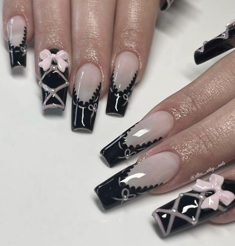 Gothic Y2k Nails, Black Goth Nails Square, Black And Grey Y2k Nails, Gothic Nails Long Square, Y2k Goth Nails Acrylic, Gothic Nail Designs, Alt Nails, Nail Info, Emo Nails