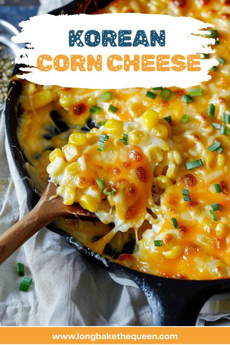 Sweet and creamy Korean Corn Cheese, perfect for any meal Korean Corn Cheese Recipe, Korean Corn Cheese, Korean Menu, Veggie Casseroles, Korean Corn, Corn Recipes Side Dishes, Skillet Corn, Cheese Corn, Corn Cheese