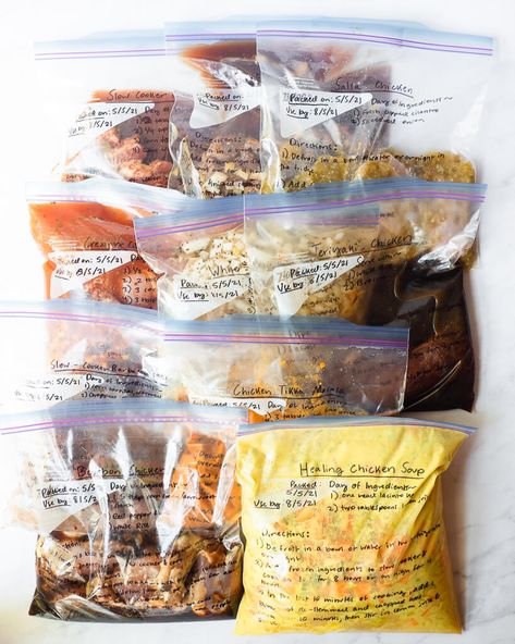 10 freezer meals in gallon size labeled ziplock bags laying on a white surface 3rd Trimester Meals, Freezer Bag Meals, Crock Pot Freezer Meals, Pregnancy Freezer Meals, Freezer Prep, Fed And Fit, Freezer Friendly Meals, Freezable Meals, Freezer Meal Planning