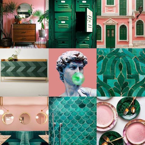 This week's mid week colour palette is all things emerald green, with a dash of pink. The rich and jewel toned emerald green is quite refreshing yet bold at the same time. And when used alongside a pink, it can make for an interesting contrast. • • #colourtheory #colour #palette #midweek #moodboard #colourboard #interiorinspo #interiordecoration #interiordesign #emerald #green #jeweltones #rich #colours #pink #hues #modern #designidea #colourplay #michelangelo #hipster #david Emerald Pallette, Jewel Tone Mood Board, Peace Cleric, Emerald Green Palette, Emerald Green Color Palette, Hallway Stairs And Landing, Merch Shoot, Room Palette, Green Branding