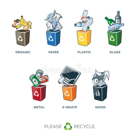 Trash Segregation Bins for Organic Paper Plastic Glass Metal Mixed Waste. Illust , #Ad, #Glass, #Plastic, #Mixed, #Metal, #Paper #ad Recycling Activities For Kids, Den Zeme, Recycling Activities, Recycle Symbol, Earth Day Activities, Labels Printables Free, Recycled Projects, Reduce Reuse Recycle, Recycle Trash