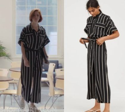 Workin' Moms: Season 3 Episode 9 Anne's Striped Jumpsuit | Shop Your TV Working Moms Anne Outfit, Working Moms Tv Show, Anne Carlson, Mom Tv Show, Worn On Tv, Wardrobe Clothes, Where To Buy Clothes, Tv Show Outfits, Striped Jumpsuit