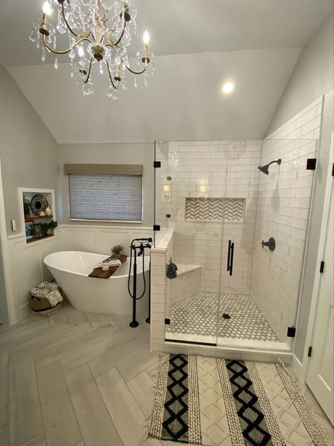 Master Bathroom Remodel, Black and White Bathroom, Classic Bathroom, Timeless Bathroom, spa bathroom, chandelier bathroom Spa Inspired Bathroom Modern, Remodeling Master Bath, Bloxburg Large Bathroom Ideas, Bathroom Remodel Traditional, Classic Bathroom Remodel Ideas, Master Sitting Room Ideas, Suburban Bathroom, Large Master Bath Ideas, Master Bathtub Decor