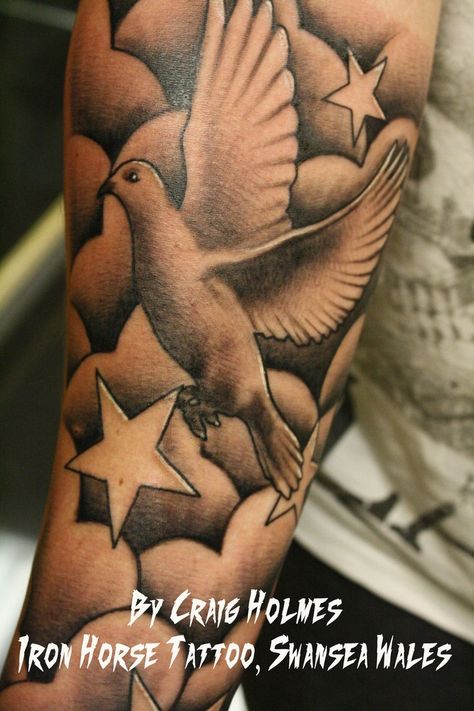 Dove in clouds Flying Doves Tattoo, Clouds And Stars Tattoo, Doves Tattoo, Star Sleeve Tattoo, Religious Tattoo Sleeves, Flying Doves, Cloud Tattoo Sleeve, Bird Tattoo Sleeves, Cloud Tattoo Design