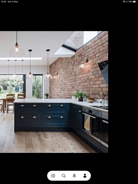 Brick Kitchen Ideas, Red Brick Kitchen, Kitchen With Brick Wall, Dark Blue Kitchens, Pastel Kitchen, Dark Grey Kitchen, Red Brick Wall, Mill House, Brick Interior