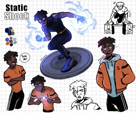 Static Shock Art, Black Lightning Static Shock, Oc Ideas Character Design, Shock Art, Virgil Hawkins, Static Shock, Black Cartoon Characters, Superhero Characters, Dc Comics Characters